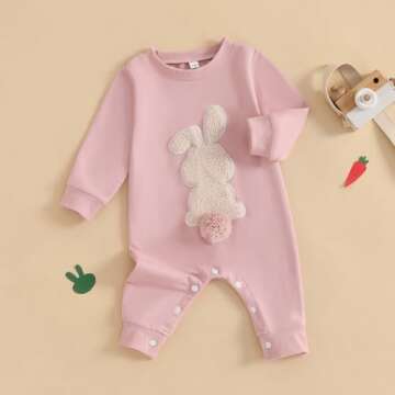 Easter Baby Boy Girl Outfit Embroidery Bunny Rompers Bunny Tail Jumpsuit Unisex Newborn Infant Easter Clothes (Pink, 0-3 Months)