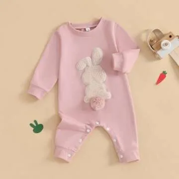 Easter Baby Boy Girl Outfit Embroidery Bunny Rompers Bunny Tail Jumpsuit Unisex Newborn Infant Easter Clothes (Pink, 0-3 Months)