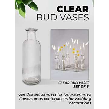 Serene Spaces Living Clear Glass Bud Vases – Vintage Apothecary Jars, Decorative Bottles for Weddings, Antique-Style Centerpieces, and Flower Arrangements - Set of 6 (6.5" Tall & 2" Diameter)