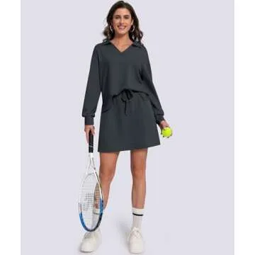 Casly Lamiit Womens 2 Piece Outfits Workout Tennis Skirt Sets Lounge Golf Suit Skorts with Pockets Loose Fit Casual Tops Jogging Sweatsuits Dark Grey XL