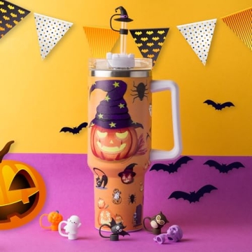 6Pcs Halloween Straw Cover Cap for Stanley Cup 40oz/30oz Tumbler, 10mm Reusable Cute Ghost Drinking Straw Topper Accessories, Portable Protector Plugs Decorations Gifts for Party Halloween