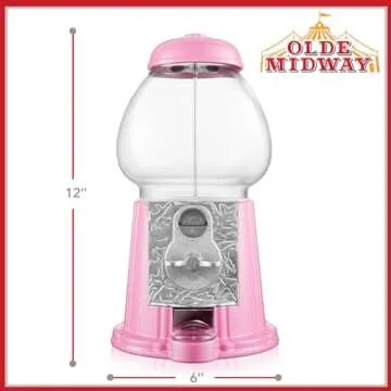 Olde Midway 12" Gumball Machine with Glass Globe and Metal Base - Pink, Vintage-Style Bubble Gum Candy Dispenser