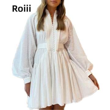 Roiii Women A-Line Lace Loose Baroque Button Down Long Sleeve Casual Dresses V Neck Embroidery Party...