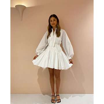 Roiii Women A-Line Lace Loose Baroque Button Down Long Sleeve Casual Dresses V Neck Embroidery Party Short Dress White