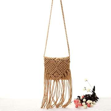 Lobagve Women Crochet Beach Bag Fringed Bohemian Crossbody Shoulder Purse Cotton Pouch (Brown)
