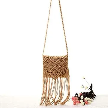 Lobagve Women Crochet Beach Bag Fringed Bohemian Crossbody Shoulder Purse Cotton Pouch (Brown)