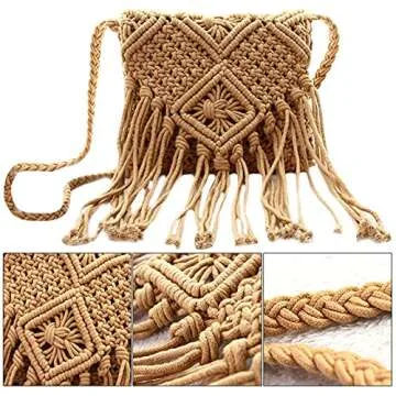 Lobagve Women Crochet Beach Bag Fringed Bohemian Crossbody Shoulder Purse Cotton Pouch (Brown)