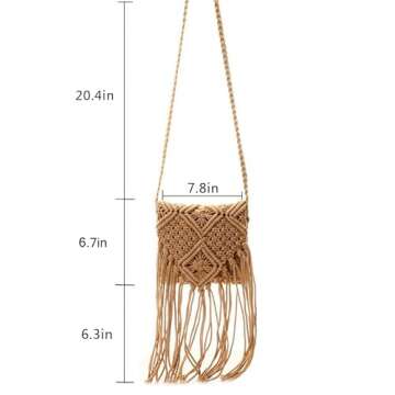 Lobagve Women Crochet Beach Bag Fringed Bohemian Crossbody Shoulder Purse Cotton Pouch (Brown)