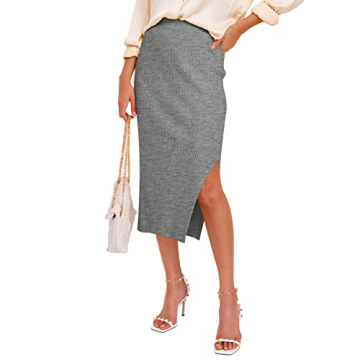 HERBATOMIA Basic Pencil Midi Skirt Ribbed Knit Solid Split Side Stretchy Mid Length Grey Skirts for ...