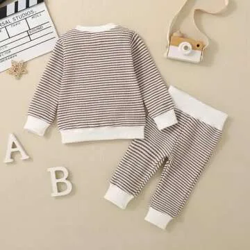 ZAXARRA Baby Boy Fall Clothes Long Sleeve Toddler Boy Waffle Sweatshirt Pullover Tops Pants Infant Fall Winter Outfits (Khaki, 2-3T)