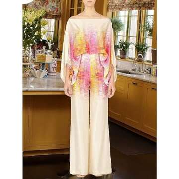 REASERAL Womens Fall Loose 2 Piece Outfits Off Shoulder Printed Long Sleeve Casual Going Out Wide Leg Pants Set