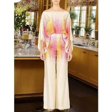 REASERAL Womens Fall Loose 2 Piece Outfits Off Shoulder Printed Long Sleeve Casual Going Out Wide Leg Pants Set