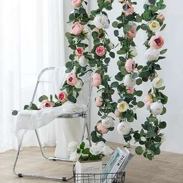 Floweroyal 2 Pack Artificial Flower Garlands 11.2FT Eucalyptus Garlands with Flowers 8 Head Peony Flower Vine Faux Floral Garland for Wedding Arch Table Wall Backdrop Wreath Decoration. (Pink & White)