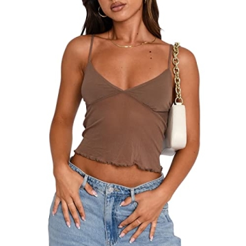 Women Y2k Backless Crop Top Spaghetti Strap Cami Tank Sexy Sheer See Through Sleeveless Lace Going O...