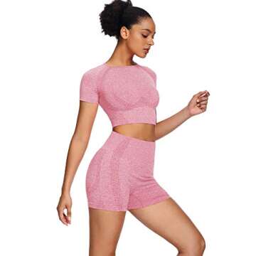 Sytiz Women Seamless Yoga Outfits 2 piece Set Workout Gym Shorts + Short Sleeve Crop Top (Pink, s)