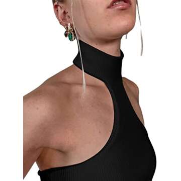 Remidoo Women's Asymmetrical Hem Ribbed Knit Backless Halter Crop Tank Top Black Small Black Small