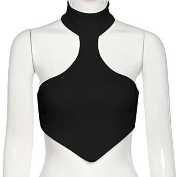 Remidoo Women's Asymmetrical Hem Ribbed Knit Backless Halter Crop Tank Top Black Small Black Small