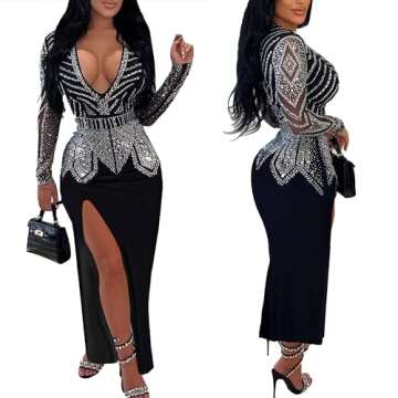 PORRCEY Women's Sexy Elegant Rhinestone Long Sleeve Night Club Dress Party Clubwear Sparkly Evening Dress