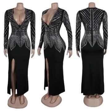 PORRCEY Women's Sexy Elegant Rhinestone Long Sleeve Night Club Dress Party Clubwear Sparkly Evening Dress