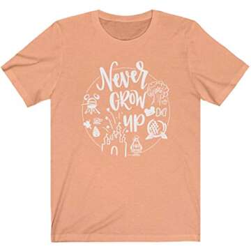 Never Grow Up Shirt | Unisex Sizing | Cute Matching Vacation T-Shirt for Disney (X-Small, Sunset)