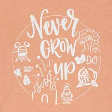 Never Grow Up Shirt | Unisex Sizing | Cute Matching Vacation T-Shirt for Disney (X-Small, Sunset)