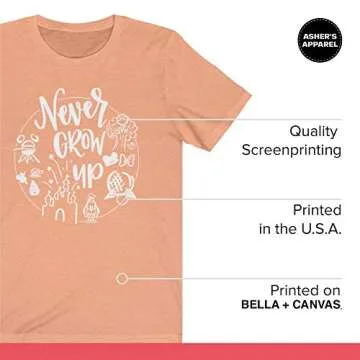 Never Grow Up Shirt | Unisex Sizing | Cute Matching Vacation T-Shirt for Disney (X-Small, Sunset)