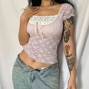 Meladyan Women's Cute Letter Print Short Sleeve Crop Shirt Crewneck Slim Fit T-Shrits 90s E Streetwear, Pink, Medium