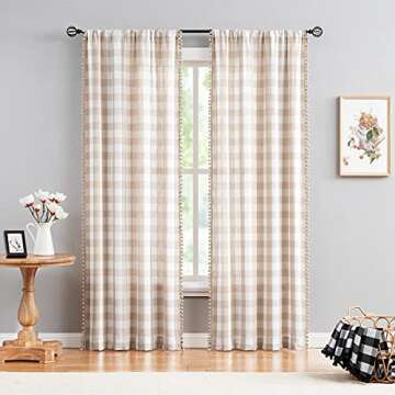 Pompom Buffalo Check Curtains Taupe and White Plaid Window Treatment Set 95 inch Rustic Farmhouse Cu...