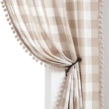 Pompom Buffalo Check Curtains Taupe and White Plaid Window Treatment Set 95 inch Rustic Farmhouse Curtain Drapes for Living Room Bedroom Kids Dorm 2pcs Rod Pocket