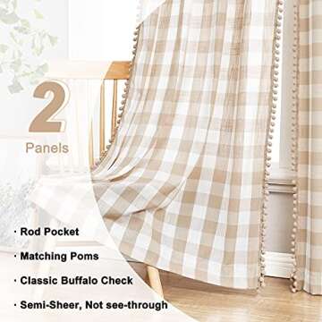 Pompom Buffalo Check Curtains Taupe and White Plaid Window Treatment Set 95 inch Rustic Farmhouse Curtain Drapes for Living Room Bedroom Kids Dorm 2pcs Rod Pocket