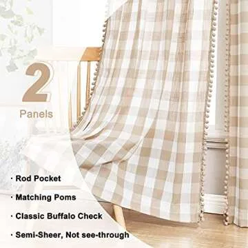 Pompom Buffalo Check Curtains Taupe and White Plaid Window Treatment Set 95 inch Rustic Farmhouse Curtain Drapes for Living Room Bedroom Kids Dorm 2pcs Rod Pocket