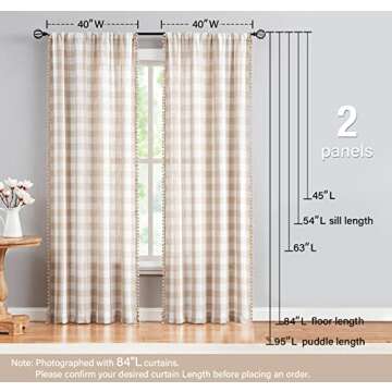 Pompom Buffalo Check Curtains Taupe and White Plaid Window Treatment Set 95 inch Rustic Farmhouse Curtain Drapes for Living Room Bedroom Kids Dorm 2pcs Rod Pocket