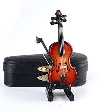 Dselvgvu Wooden Miniature Violin with Stand,Bow and Case Mini Musical Instrument Miniature Dollhouse Model Home Decoration (3.15"x1.18"x0.59").