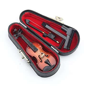 Dselvgvu Wooden Miniature Violin with Stand,Bow and Case Mini Musical Instrument Miniature Dollhouse Model Home Decoration (3.15"x1.18"x0.59").