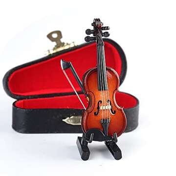Dselvgvu Wooden Miniature Violin with Stand,Bow and Case Mini Musical Instrument Miniature Dollhouse Model Home Decoration (3.15"x1.18"x0.59").