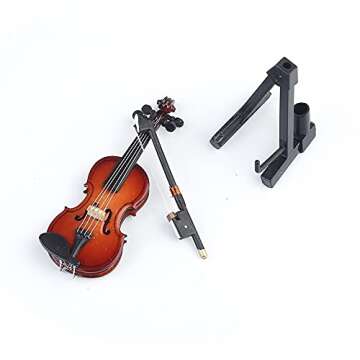 Dselvgvu Wooden Miniature Violin with Stand,Bow and Case Mini Musical Instrument Miniature Dollhouse Model Home Decoration (3.15"x1.18"x0.59").