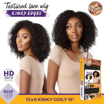 Sensationnel Curls kinksandco kinkyedges wig - kinky coily 16 inch 13x6 lace frontal natural kinkytexture edged hairline for natural 3c to 4c hair textures (1B OFFBLACK)
