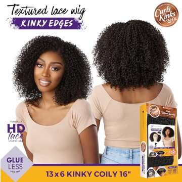 Sensationnel Curls kinksandco kinkyedges wig - kinky coily 16 inch 13x6 lace frontal natural kinkytexture edged hairline for natural 3c to 4c hair textures (1B OFFBLACK)
