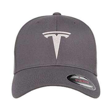 Tesla Motors Flex Fit Hat Baseball Cap Embroidered Flat Curved Brim (Curved Brim, Small/Medium, Black Hat Red Thread)