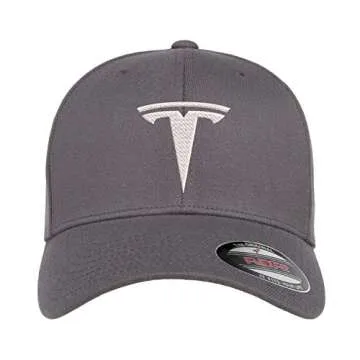 Tesla Motors Flex Fit Hat Baseball Cap Embroidered Flat Curved Brim (Curved Brim, Small/Medium, Black Hat Red Thread)