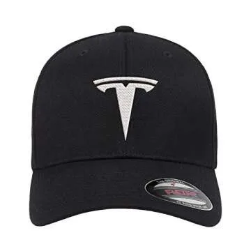 Tesla Motors Flex Fit Hat Baseball Cap Embroidered Flat Curved Brim (Curved Brim, Small/Medium, Black Hat Red Thread)