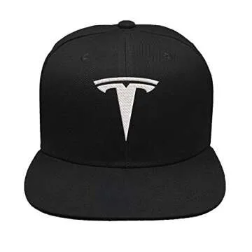 Tesla Motors Flex Fit Hat Baseball Cap Embroidered Flat Curved Brim (Curved Brim, Small/Medium, Black Hat Red Thread)