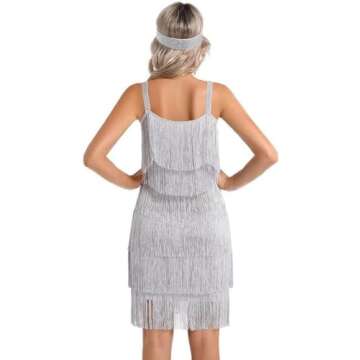 Women's Great Gatsby Flapper Spaghetti Tassel Dress with Headband, 20s Elegant Mini Dress Party Accessory COSTUME OUTFIT (S, Grey)