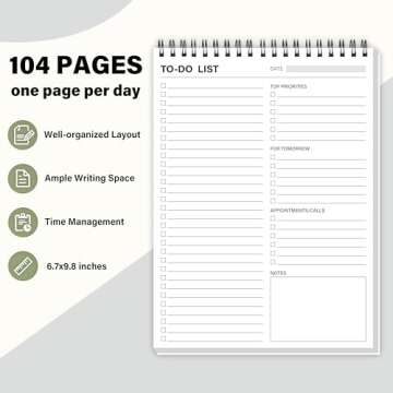 To Do List Notepad-Daily Planner Notepad 104 Pages Task Planner, 6.7" x 9.8" To Do List Notebook with Checklist Productivity Planning Pad Perfect for Work Office Home