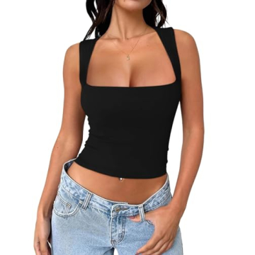 REORIA Tank Tops for Women Sexy Going Out Square Neck Summer Trendy Cute Sleeveless Basic Preppy Cro...