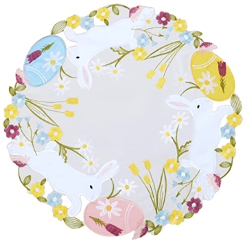 Simhomsen Embroidered Colorful Eggs and Bunny Round Doily Placemats for Easter Holiday or Spring Sea...