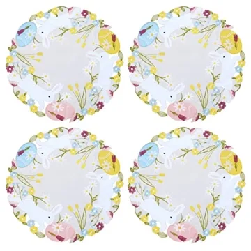 Simhomsen Embroidered Colorful Eggs and Bunny Round Doily Placemats for Easter Holiday or Spring Season (Round 15 inches)