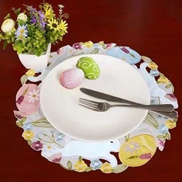 Simhomsen Embroidered Colorful Eggs and Bunny Round Doily Placemats for Easter Holiday or Spring Season (Round 15 inches)