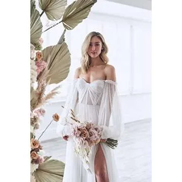 White Gowns Puffy Sleeve Prom Dress Tulle Wedding Dress for Women Formal Off Shoulder Ball Evening Gowns with Slit Size 8