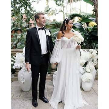 White Gowns Puffy Sleeve Prom Dress Tulle Wedding Dress for Women Formal Off Shoulder Ball Evening Gowns with Slit Size 8